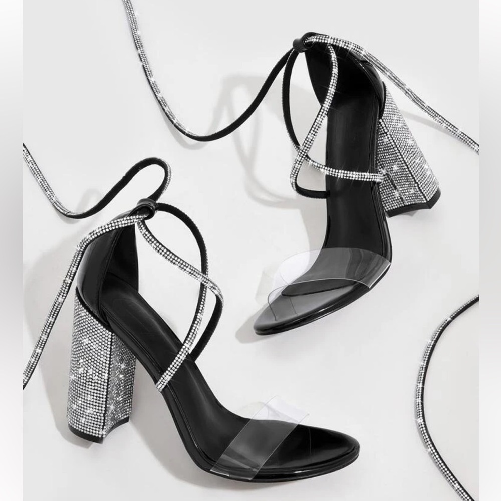 Rhinestone tie leg chunky heels - Picture 2 of 3